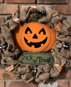 Trick or Treat Halloween Pumpkin 16" Burlap Wreath