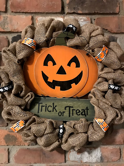 Trick or Treat Halloween Pumpkin 16" Burlap Wreath
