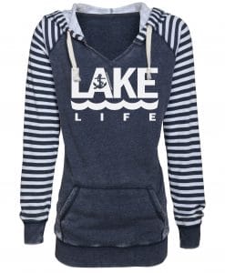 Lake Life Women's Navy Anchor Striped Chalk Fleece Hoodie