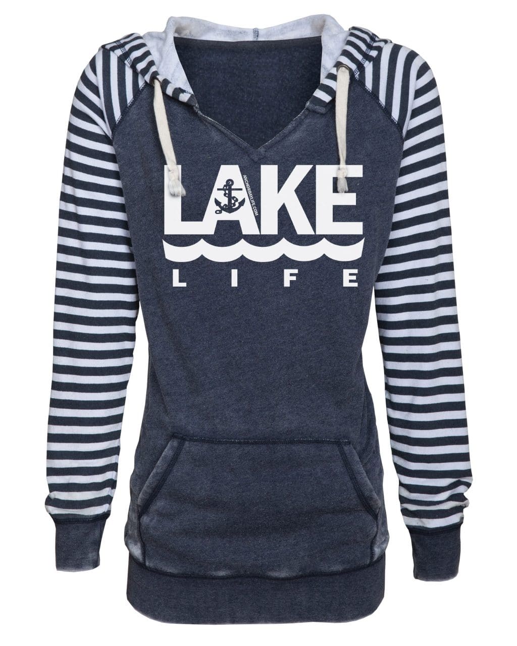 Lake Life Women's Navy Anchor Striped Chalk Fleece Hoodie