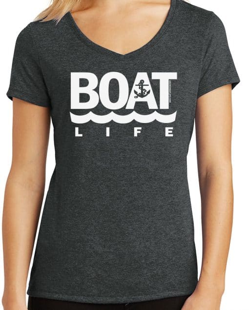 Boat Life Women's Black Frost Anchor V-Neck T-Shirt Tee