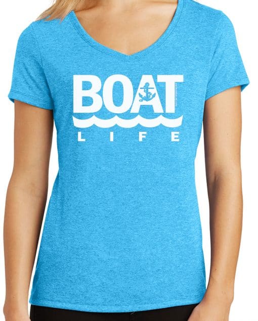 Boat Life Women's Turquoise Anchor V-Neck T-Shirt Tee