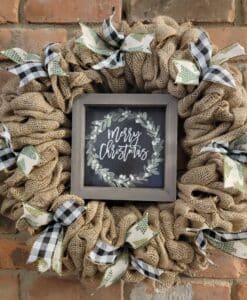 Merry Christmas Black and Green 16" Burlap Wreath Door Decor