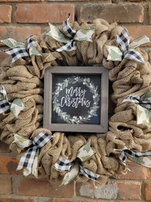 Merry Christmas Black and Green 16" Burlap Wreath Door Decor