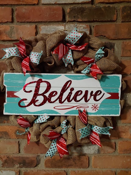 Believe 16" Burlap Christmas Wreath Door Decor