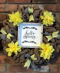 Hello Spring Yellow Flower 16" Burlap Wreath Door Decor