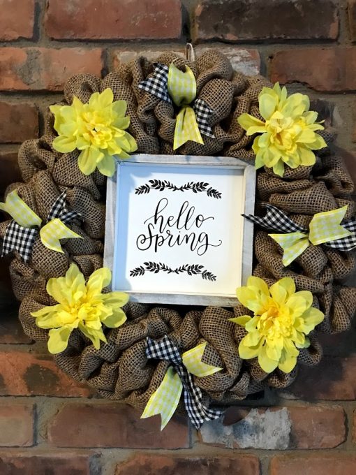 Hello Spring Yellow Flower 16" Burlap Wreath Door Decor