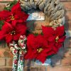 Poinsettia Red Flowers 16" Burlap Christmas Wreath Door Decor