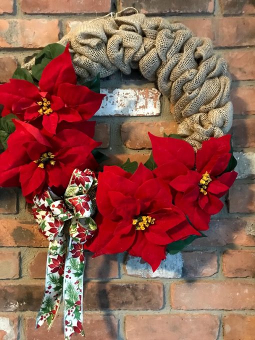 Poinsettia Red Flowers 16" Burlap Christmas Wreath Door Decor