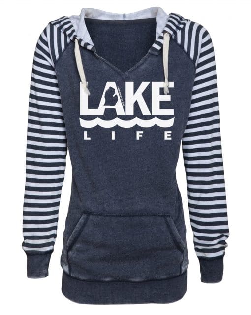 Michigan Lake Life Women's Navy Striped Chalk Fleece Hoodie