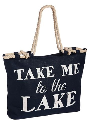 Take Me To The Lake Navy Blue Burlap Boat Bag