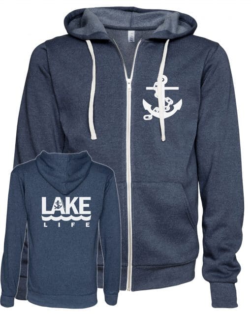 Lake Life Anchor Unisex Heather Navy Fleece Full Zip Hoodie