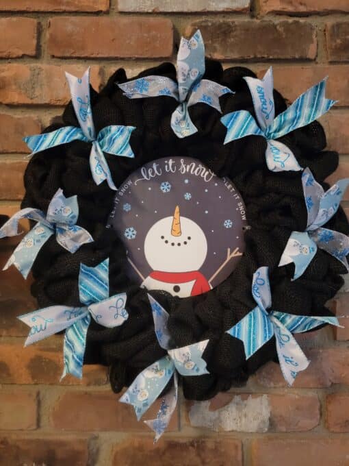 Let It Snow Snowman 16" Black Blue Burlap Wreath