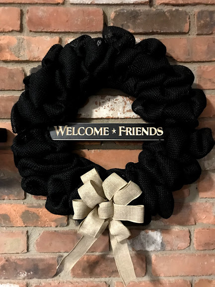 Welcome Friends 16" Black Burlap Wreath
