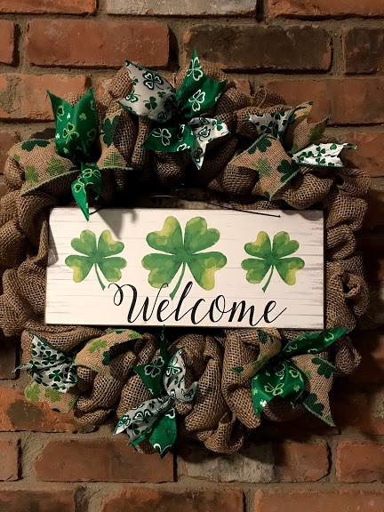 St Patrick's Day Welcome Shamrock 16" Burlap Wreath Door Decor