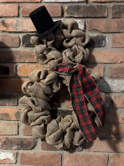 Snowman with Scarf and Top Hat 16"x25" Burlap Wreath