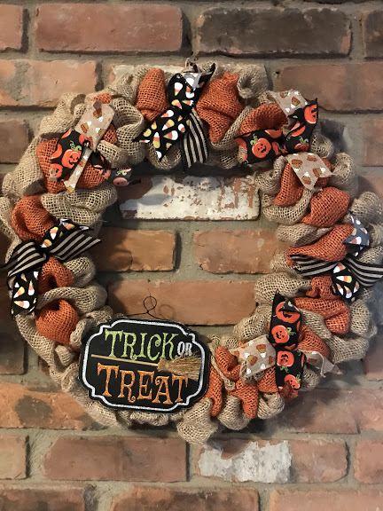 Trick or Treat 16" Orange Burlap Halloween Wreath Door Decor
