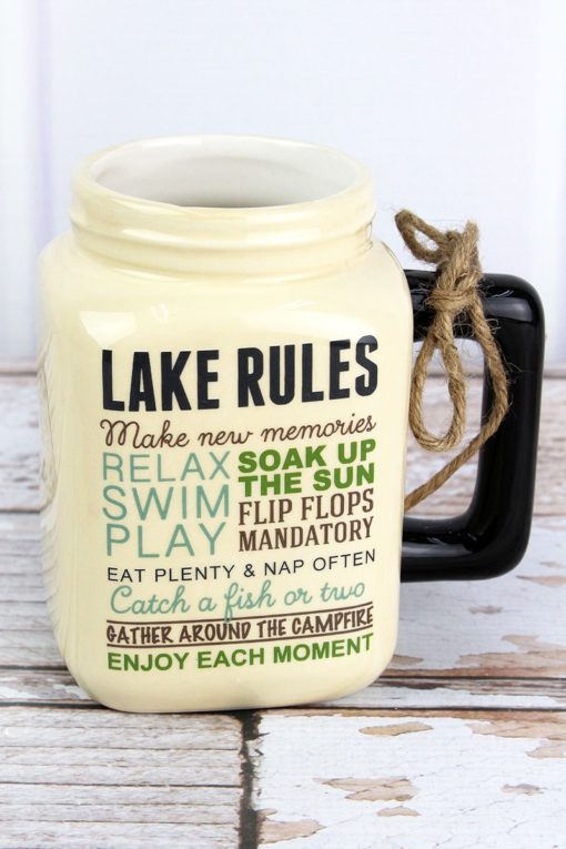 Ceramic Lake Rules White Mason Jar Mug