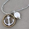 Worn Two-Tone Anchor Circle And Pearl Necklace