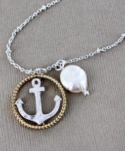 Worn Two-Tone Anchor Circle And Pearl Necklace