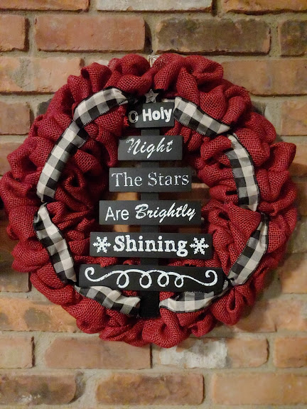 O Holy Night The Stars are Brightly Shining 16" Red Burlap Christmas Wreath