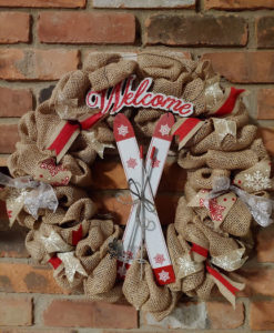 Welcome Red White Skiis 16" Burlap Winter Wreath