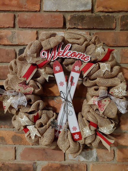 Welcome Red White Skiis 16" Burlap Winter Wreath
