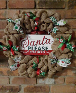 Santa Please Stop Here 16" Burlap Christmas Wreath