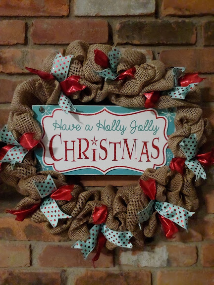 Have a Holly Jolly Christmas 16" Teal Red Burlap Wreath Door Decor