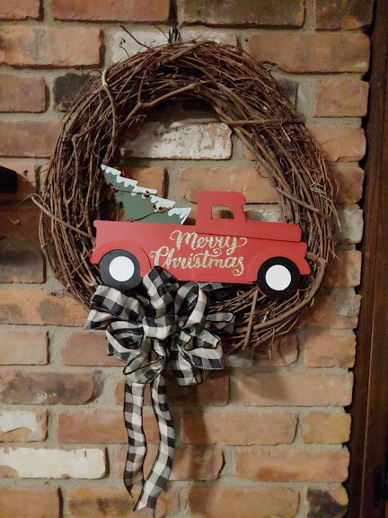 Merry Christmas Vintage Red Truck 16" Grapevine Wreath Door Decor