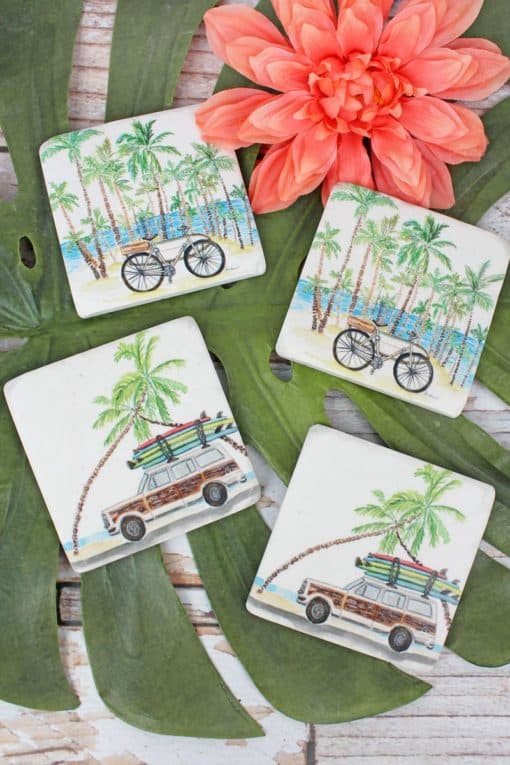 Set of Four 4" x 4" Resin Retro Beach Coasters