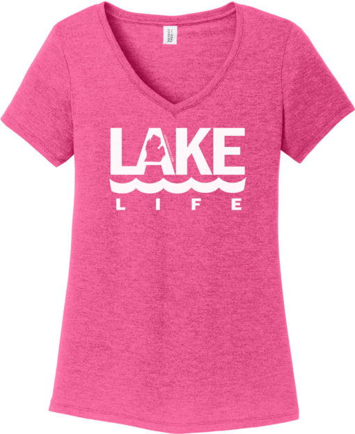 Lake Life Women's Pink Michigan V-Neck T-Shirt Tee