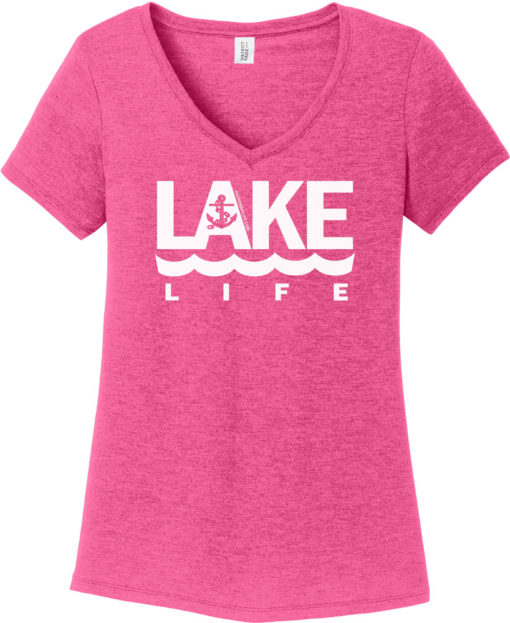 Lake Life Women's Pink Anchor V-Neck T-Shirt Tee