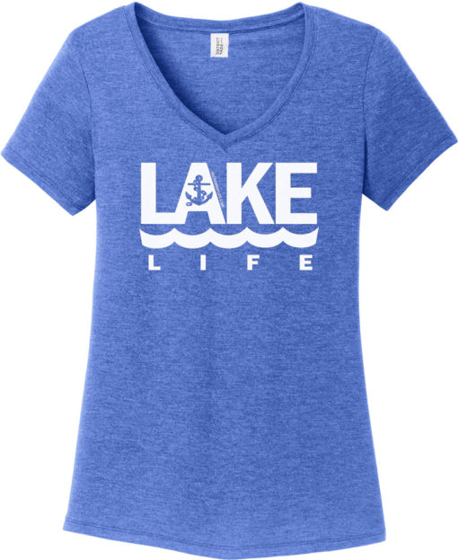 Lake Life Women's Blue Frost Anchor V-Neck T-Shirt Tee