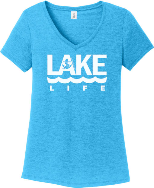 Lake Life Women's Turquoise Anchor V-Neck T-Shirt Tee