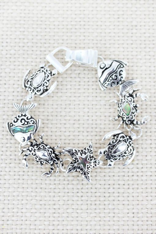 Silvertone Scroll And Abalone Sea Life Magnetic Bracelet