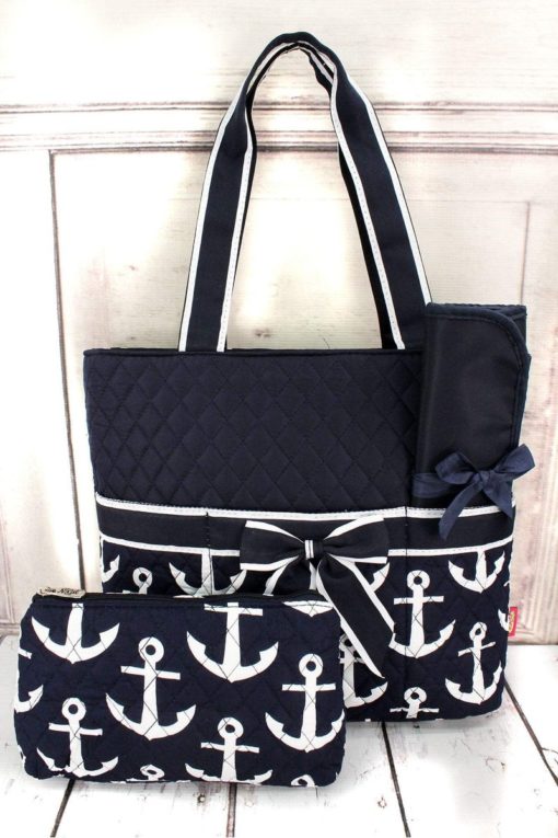 Quilted Nautical Diaper Bag Navy with White Anchors