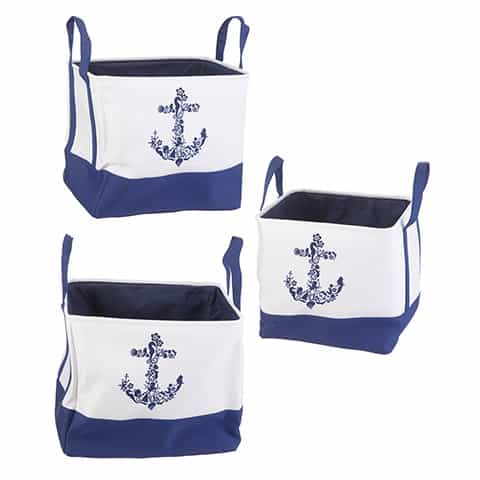 Set of 3 Fabric Storage Bins With Blue Anchor