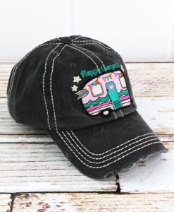 Distressed Black Happy Camper Adjustable Hat