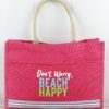 Don't Worry Beach Happy Hot Pink Jute Pocket Tote Bag