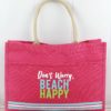 Don't Worry Beach Happy Hot Pink Jute Pocket Tote Bag