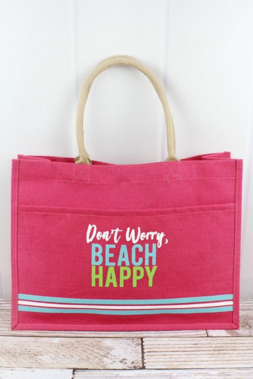 Don't Worry Beach Happy Hot Pink Jute Pocket Tote Bag