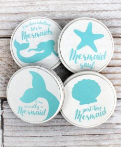 Set of Four 4" Mermaid Wood And Cork Coasters