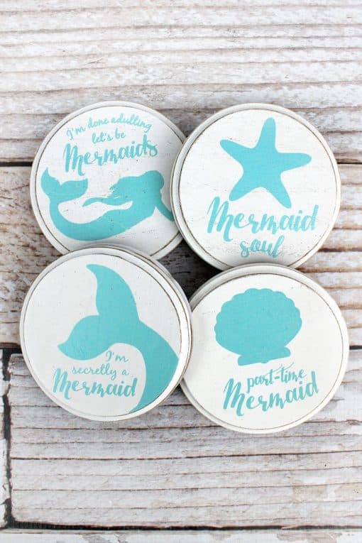 Set of Four 4" Mermaid Wood And Cork Coasters