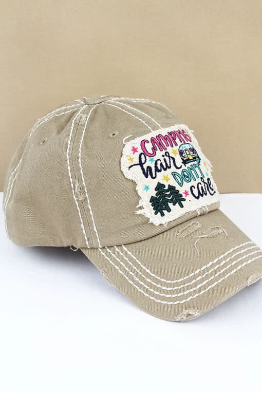 Distressed Khaki Camping Hair Don't Care Adjustable Hat - Image 3