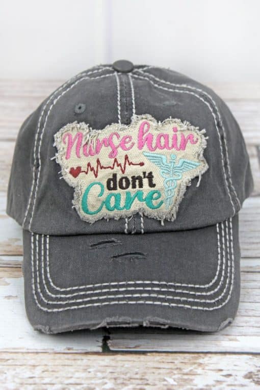 Distressed Black Nurse Hair Don't Care Adjustable Hat