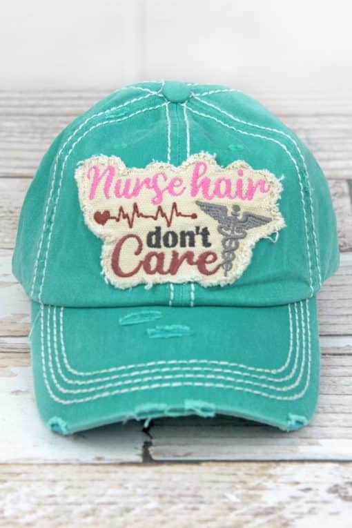 Distressed Turquoise Nurse Hair Don't Care Adjustable Hat