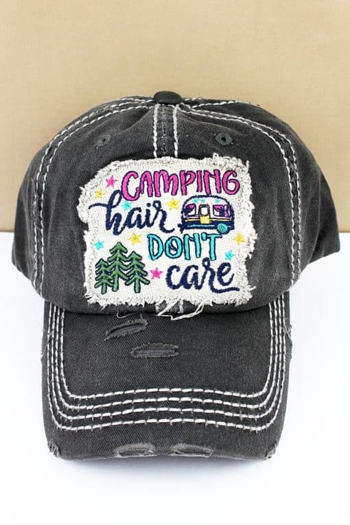 Distressed Black Camping Hair Don't Care Adjustable Hat