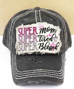 Distressed Black Super Mom Super Tired Super Blessed Adjustable Hat