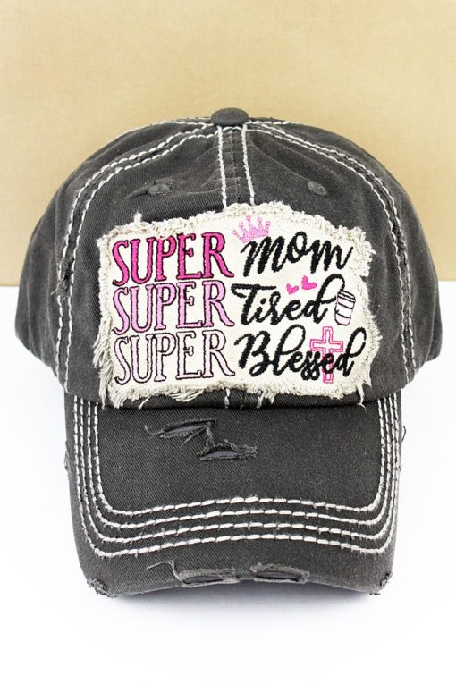 Distressed Black Super Mom Super Tired Super Blessed Adjustable Hat